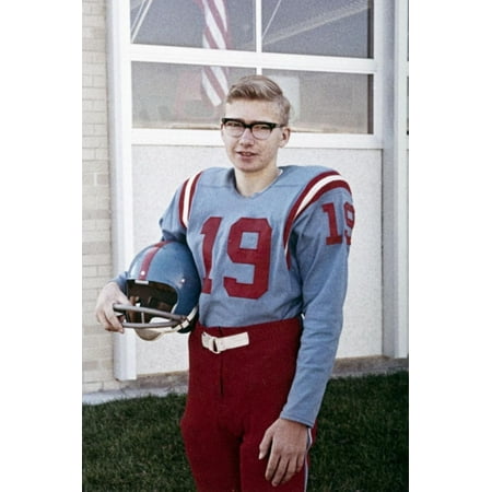 Old Time Football Player - Fifteen Year Old High School Football Player Portrait Outside the School, Ca. 1961 Print Wall Art