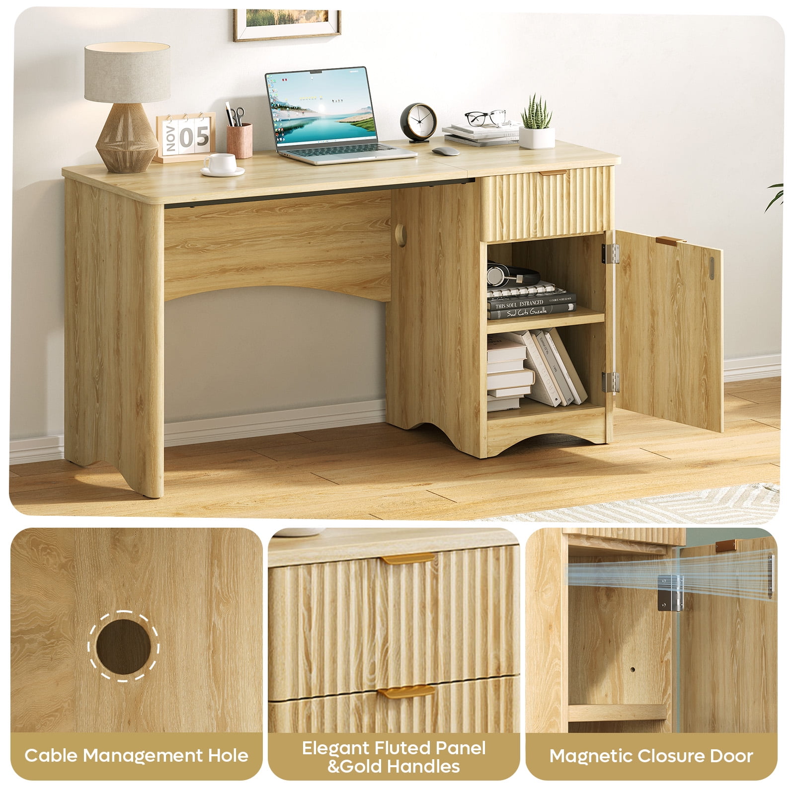 Bestier 47" Computer Desk with Drawer, Modern Home Office Desk with Storage Cabinet, Fluted PC Study Writing Desk for Small Spaces, Oak