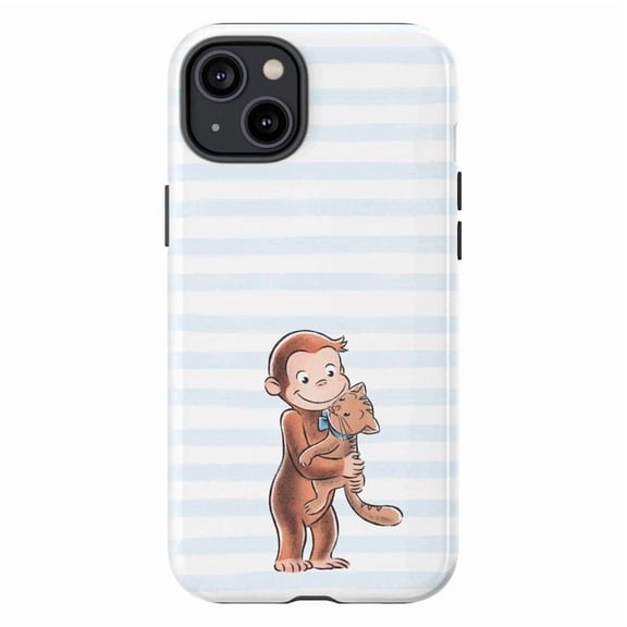 Cute Curious Monkey and Cat Hug Phone Case, Heartwarming Animal Friendship, Soft Striped Background Artistic iPhone Cover for iPhone 17 16 15 14 13 12 11 Plus Pro Max Mini