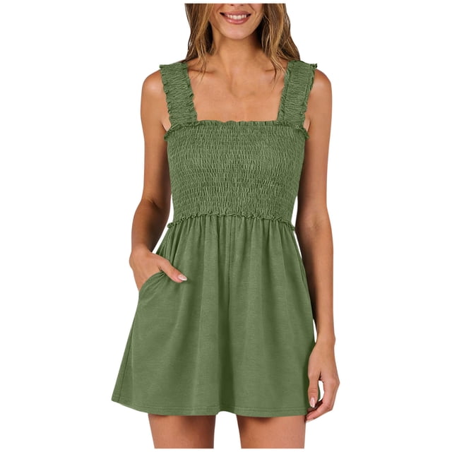 RXMEKW Strapless Smocked Jumpsuit with Ruffle Straps for Women Wide Leg Short with Pockets Olive