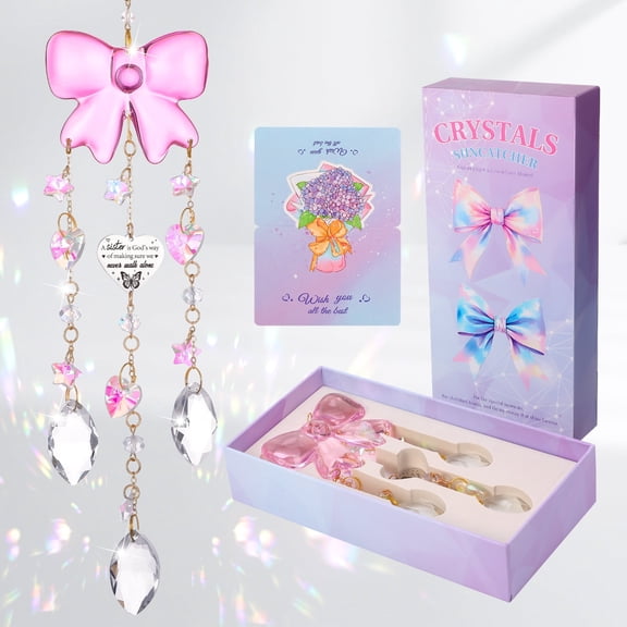 Armscye Sister Gifts from Sister, Pink Crystal Suncatcher Prism, Bow Decor Rainbow Maker for Window, Hanging Crystal Ornament for Dorm Room Home Decoration, Birthday Gift for Sister
