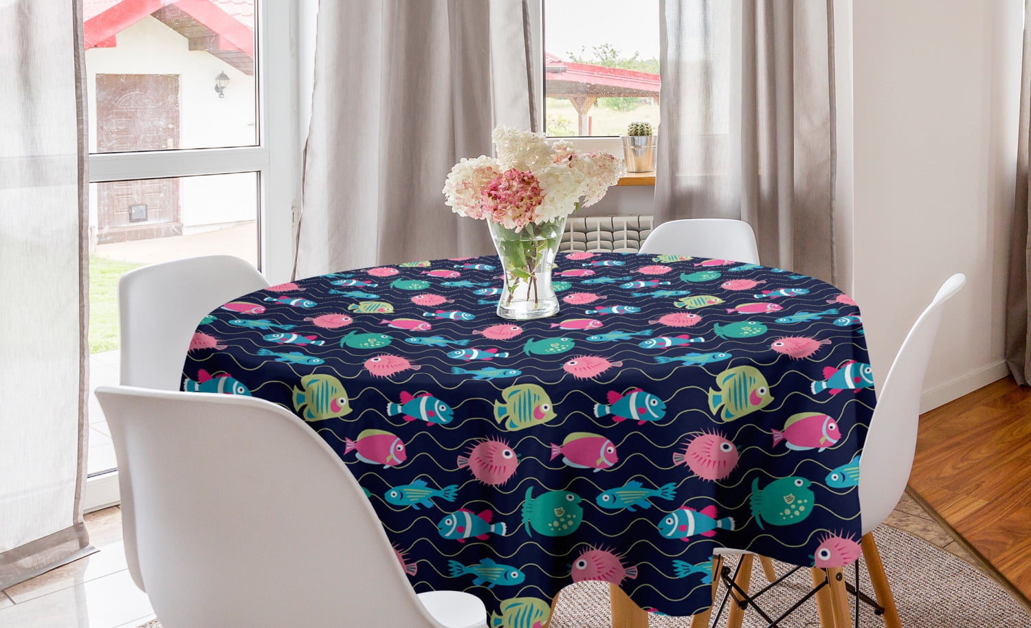 Underwater Round Tablecloth, Funny Ocean Animals Swimming Exotic Fish