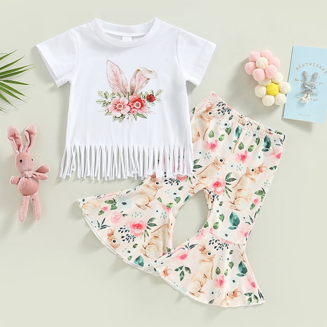 Chaqueta Linda chica con estampado de Pascua, pantalones superiores de manga corta, traje de punto de dos piezas Ygjytge para Niña Blanco T L