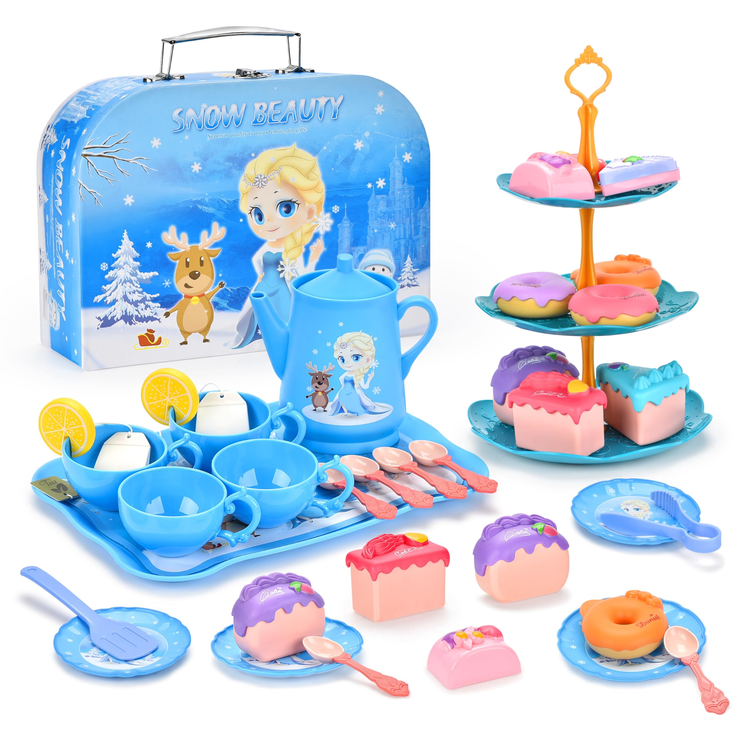 Amplov 44-Piece Princess Tea Set for Girls Ages 3–6, Toddler Pretend Tea Party Playset with Teapots, Plates, Cups, Spoons – Gift for Kids Kitchen Play
