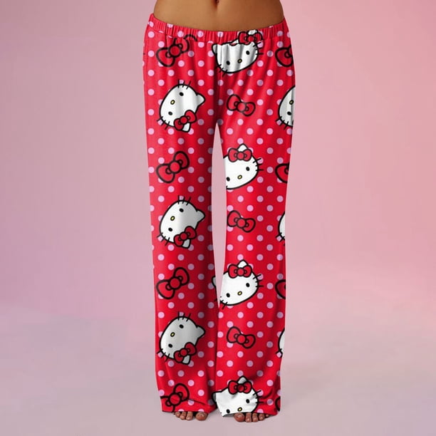 Hello Kitty Womens Pajamas Pants Pjs Halloween Pajamas Y2k Anime Cartoon Cat Pajamas for Women Couple All Over Print Bottoms Sleep Pajamas Pants Flannel Pajama Pants
