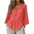 thumbnail image 2 of Pxxlle 3/4 Sleeve Shirts for Women Casual Round Neck Pleated Shirt Solid Color Tiered Tops for Beach Vacation Clothing Waterm S, 2 of 9