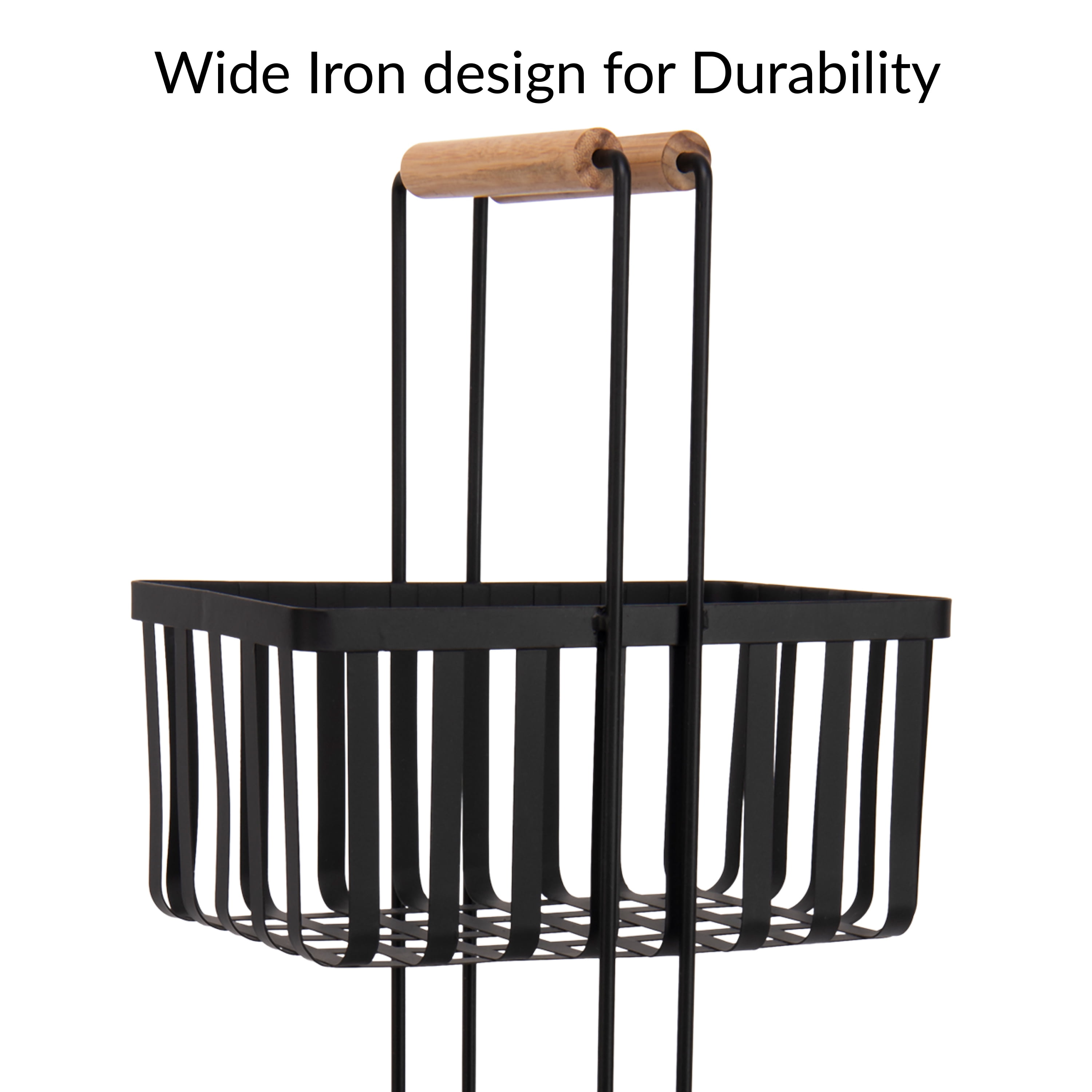 Simplify 3 Tier Metal Spa Tower Storage Shelf Unit Baskets with Bamboo Handles, Black