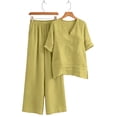 thumbnail image 7 of Cagogo Women Plus Size V Neck 3/4 Sleeve Two Piece Set Wide Leg Pants Solid Boho Vacation Loose Casual Suit Tracksuits Lounge Outfits Summer Cruise Travel Clothes, Yellow M, 7 of 7