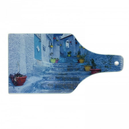 

Blue Cutting Board Street with Colorful Flower Pots in City of Chefchaouen in Morocco Travel Village Decorative Tempered Glass Cutting and Serving Board Wine Bottle Shape Multicolor by Ambesonne