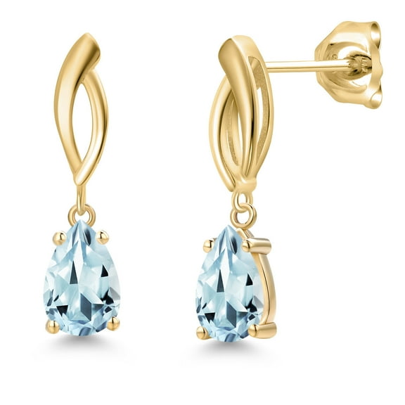 Gem Stone King 10K Yellow Gold Sky Blue Aquamarine Stud Dangle Earrings for Women | 1.53 Cttw | Gemstone March Birthstone | Pear Shape 8X5MM