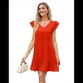 thumbnail image 1 of Robes d'Été pour Femmes Col en V Manches Courtes Robe Mini Décontractée Couleur Orange P, 1 of 8