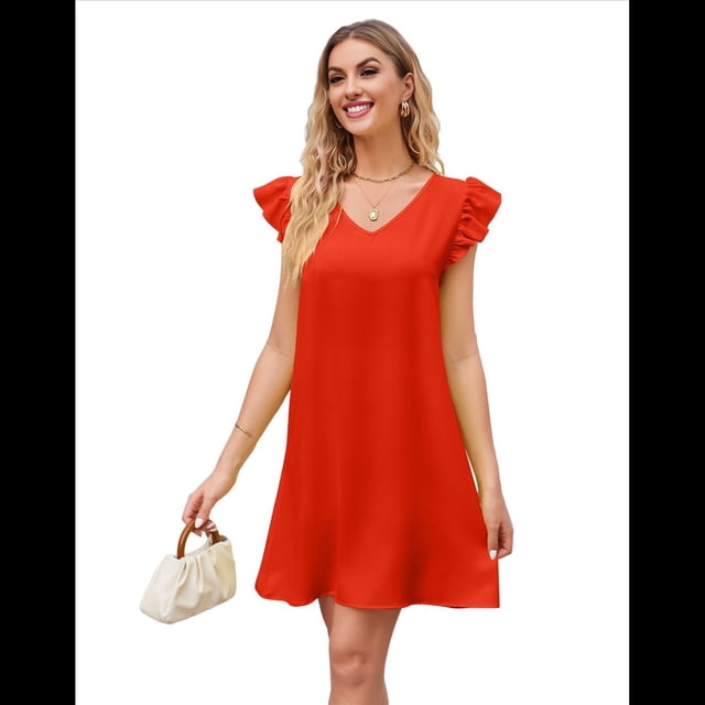 Robes d'Été pour Femmes Col en V Manches Courtes Robe Mini Décontractée Couleur Orange P