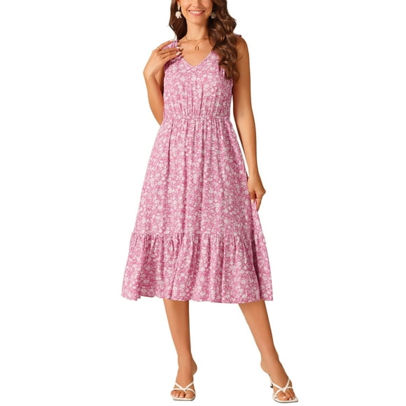 INSPIRE CHIC Women's Summer Boho Beach Dresses V Neck Sleeveless Floral Flowy Tie Midi Casual Sundress XL Pink