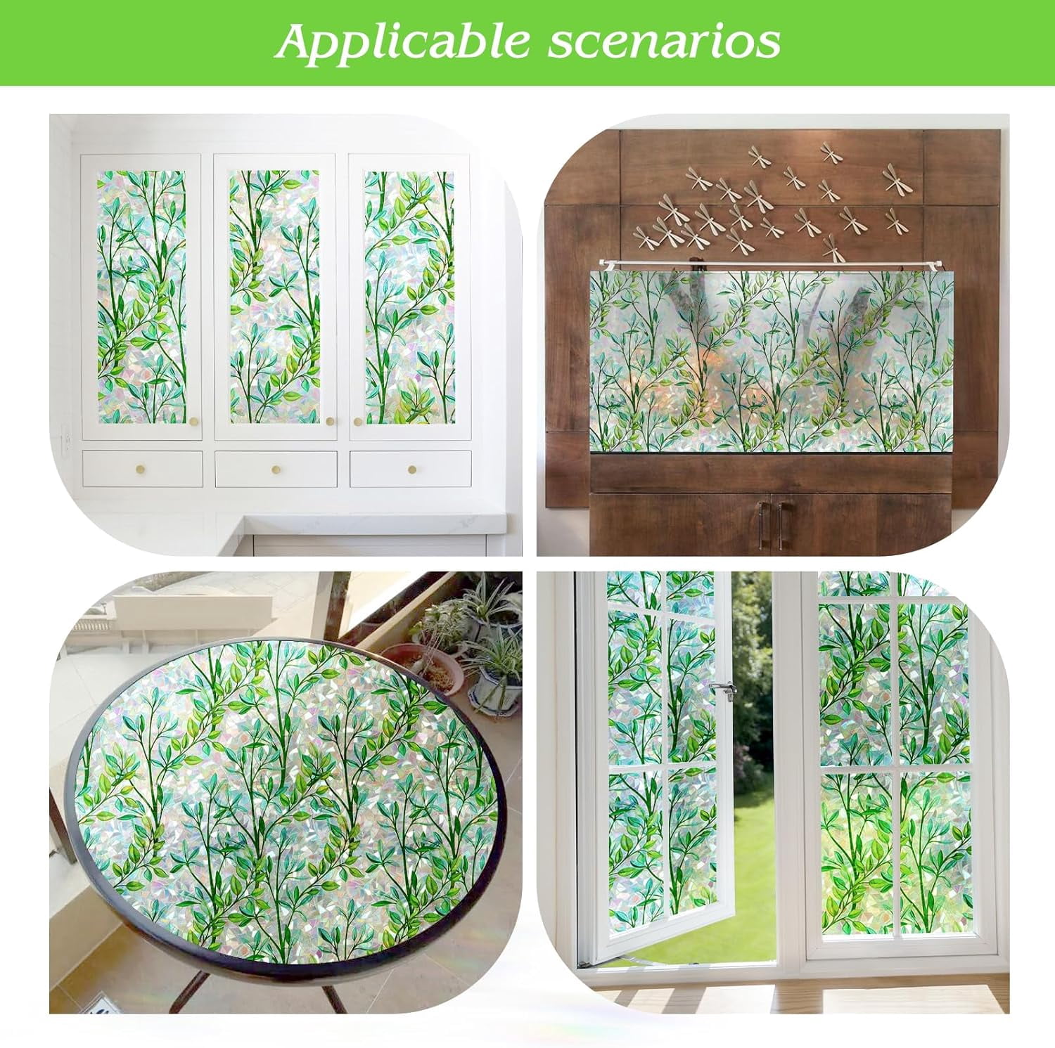 FILMGOO Rainbow Green Leaf Window Privacy Film, Static Cling Non-Adhesive Decorative Window Film, Heat Control Anti UV Window Tint for Home, 29.5in x 6.5ft