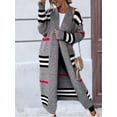 thumbnail image 4 of Women'S Vintage Open Front Knit Striped Long Sleeves Maxi Long Cardigan Sweater with Pockets Grey L, 4 of 6