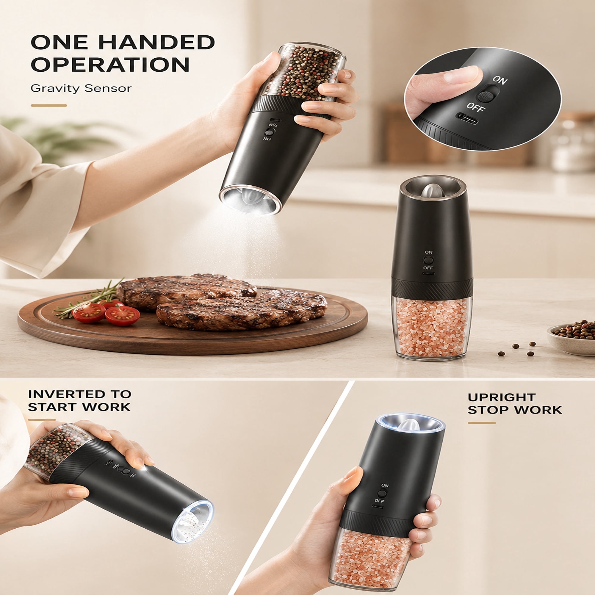 AsFrost Rechargeable Electric Salt and Pepper Grinder Set Gravity Salt and Pepper Mills Set with LED Light, No Battery Needed, Adjustable Coarseness, Washable 135ml Container