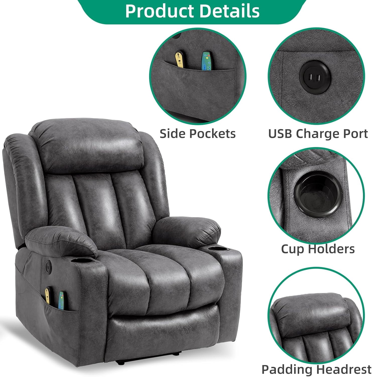 VIVIJASON Tall Man Large Power Lift Recliner Chair with Heat and Massage for Elderly, Overstuffed Wide Electric Lift Recliner with 2 Cup Holder, Extended Footrest, Side Pockets & USB Ports (Grey)