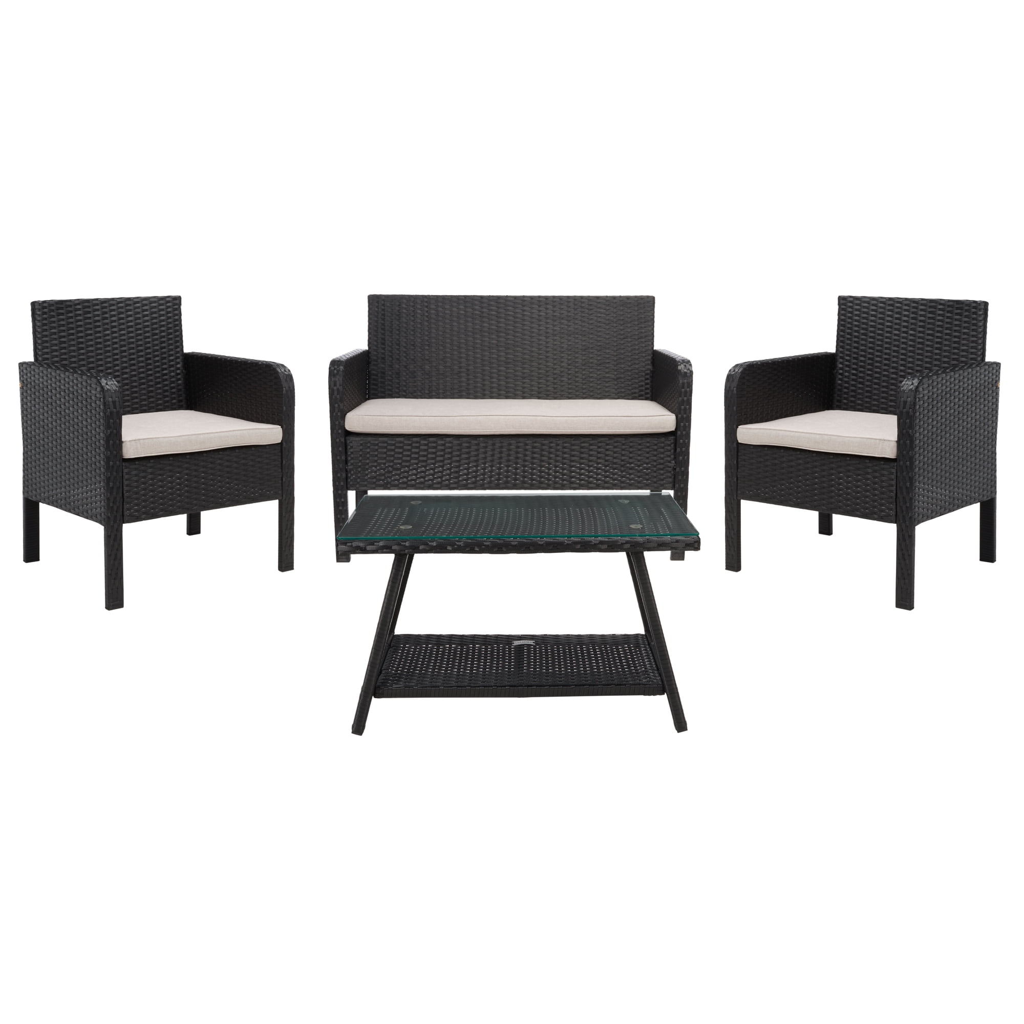 SAFAVIEH Aboka Outdoor Patio 4Pc Conversation Set, Black/Light Grey