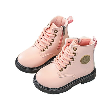 

Wazshop Children Winter Boot Side Zipper Warm Booties Princess Ankle Boots Lightweight Lace Up Walking Shoes Girls Boys Combat Bootie Round Toe Slip Resistant Pink 9C