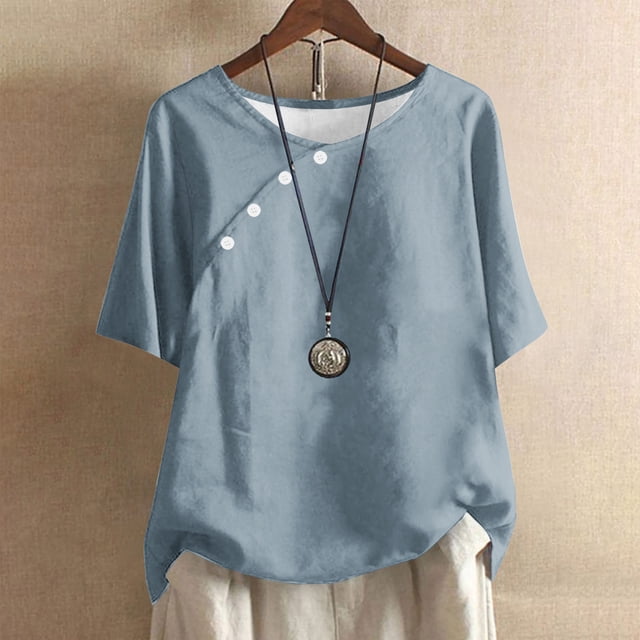 Meichang Linen Shirts for Women Button Up Crew Neck T Shirts Solid Color Cotton Linen Tops Plus Size Short Sleeve Tees Lightweight Summer Tops
