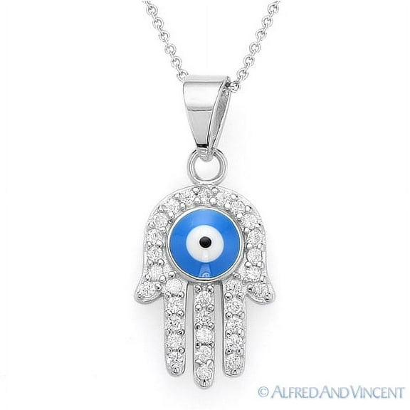 Hamsa Hand & Evil Eye Enamel Bead Pendant w/ CZ Crystals in .925 Sterling Silver
