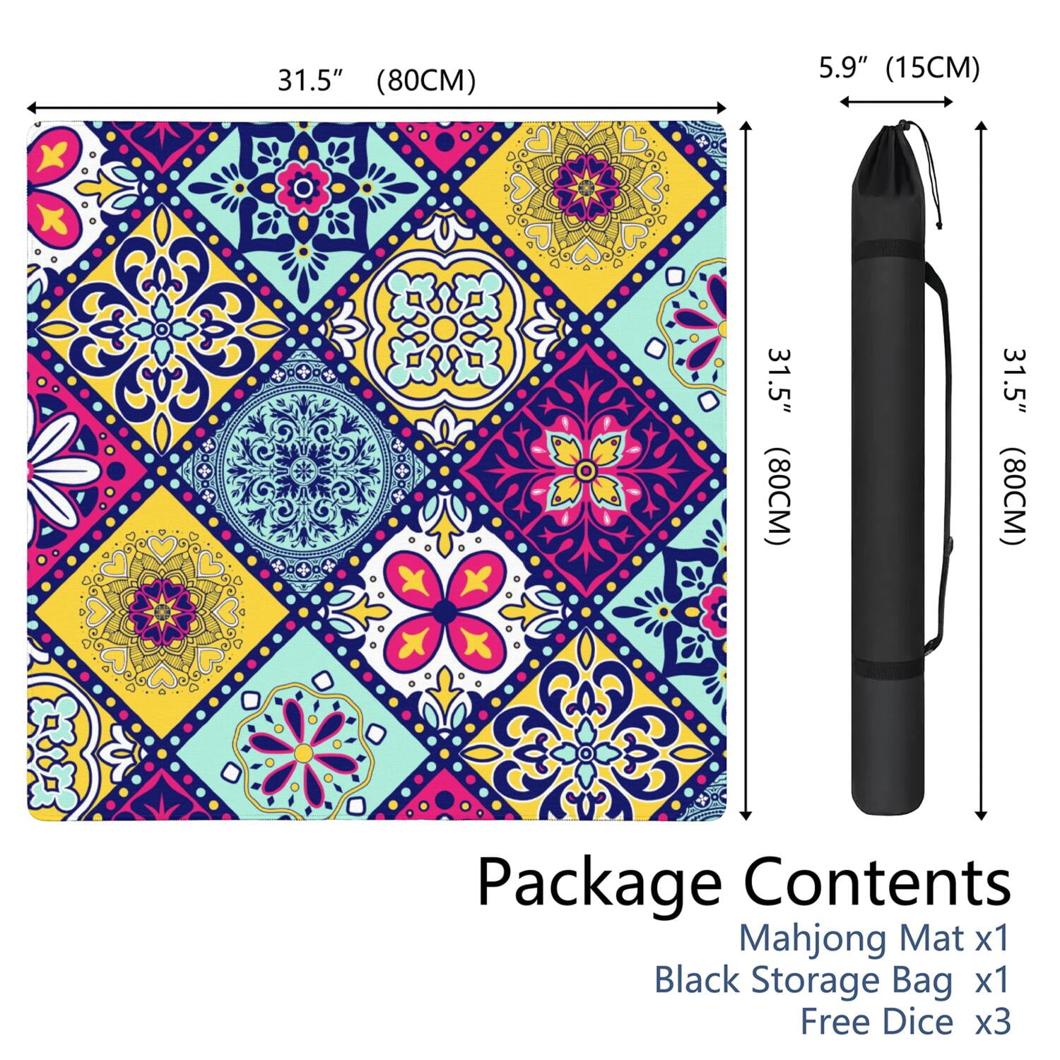 Colorful Mahjong Mat with Rules, 31.5*31.5in Anti Slip American Mahjong Mat for Table, Noise Reduction, Neoprene Mah jongg Mats with Carrying Bag & 3 Dices, Mahjong Set Gift, Board Tile Games Mats