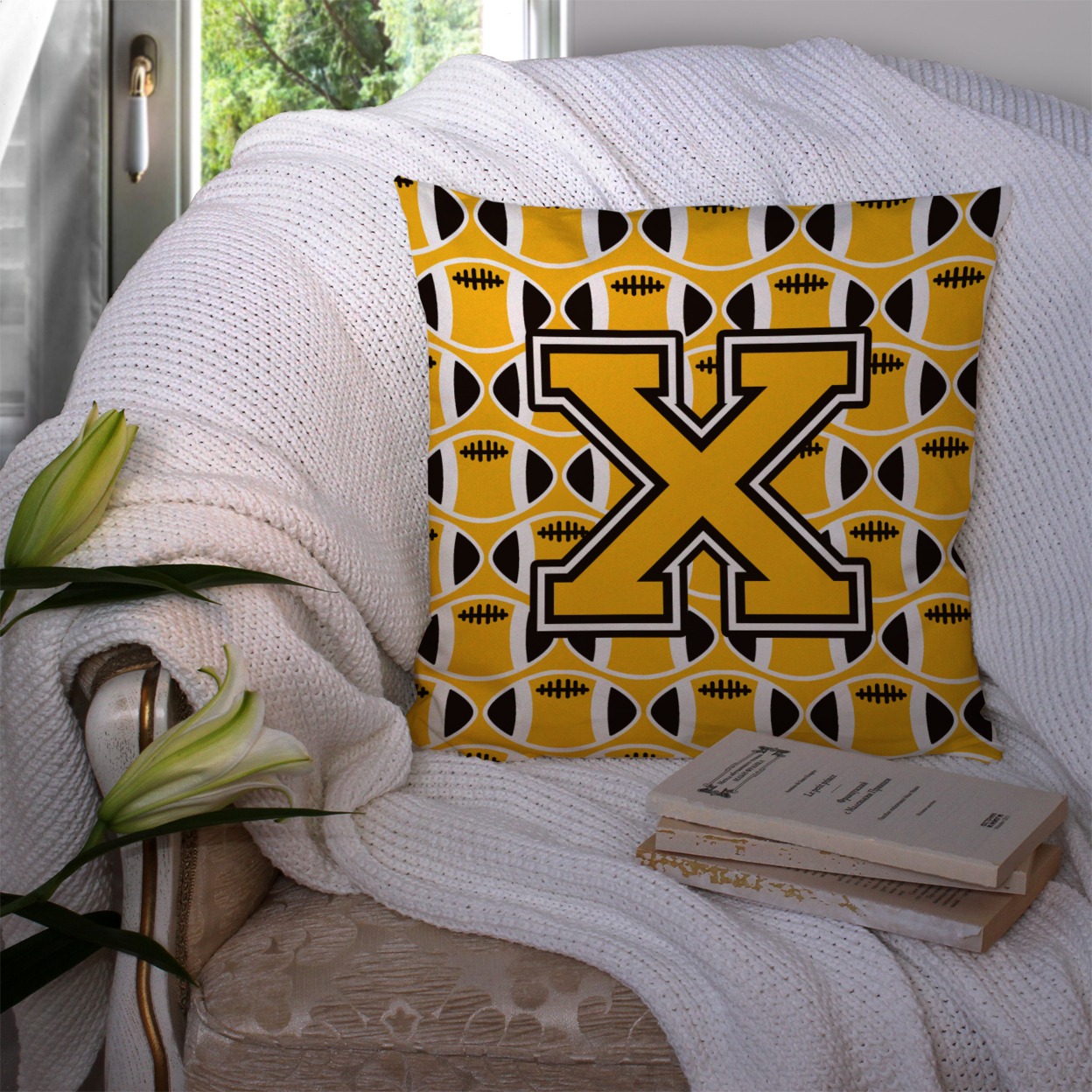 Letter X Football Black, Old Gold and White Fabric Decorative Pillow