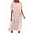 thumbnail image 2 of Womens Loose Fit Casual Linen Blend Solid Color Round Neck Short Sleeve Midi Dress Beach Pink XXL, 2 of 9