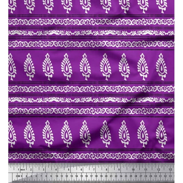 Soimoi Rayon Fabric Stripe,Swirl & Floral Block Printed Fabric 1 Yard 56 Inch Wide