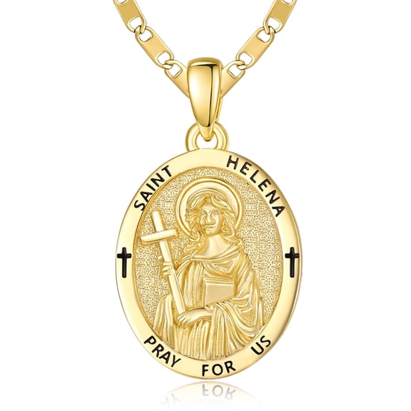 TANGPOET Gold‑Plated 925 Sterling Sliver Saint Helena Oval Medal Pendant Necklace, Engraved Religious Protection Medallion Jewelry, Meaningful Keepsake Gift for Men