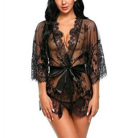 Sinhoon Women Kimono Robe Floral Lace Babydoll Lingerie Sheer Mesh Nightgown
