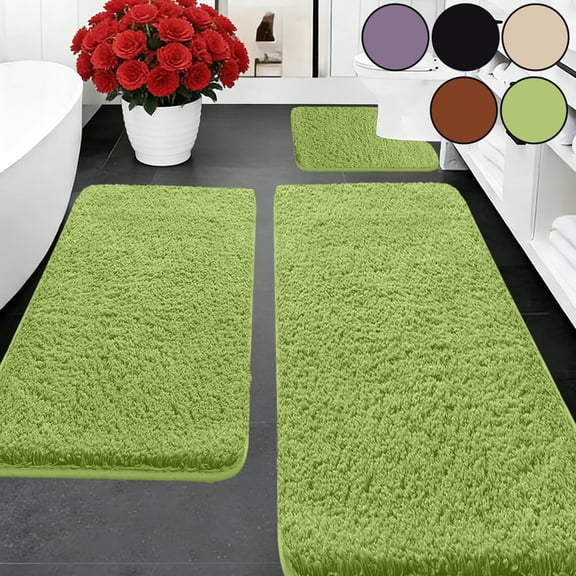 Ouuluon 3 Piece Bathroom Rugs Thickened Non Slip Washable Bathroom Rug Set, Green Absorbent Soft Bath Mat for Bathroom Living Room Laundry Room