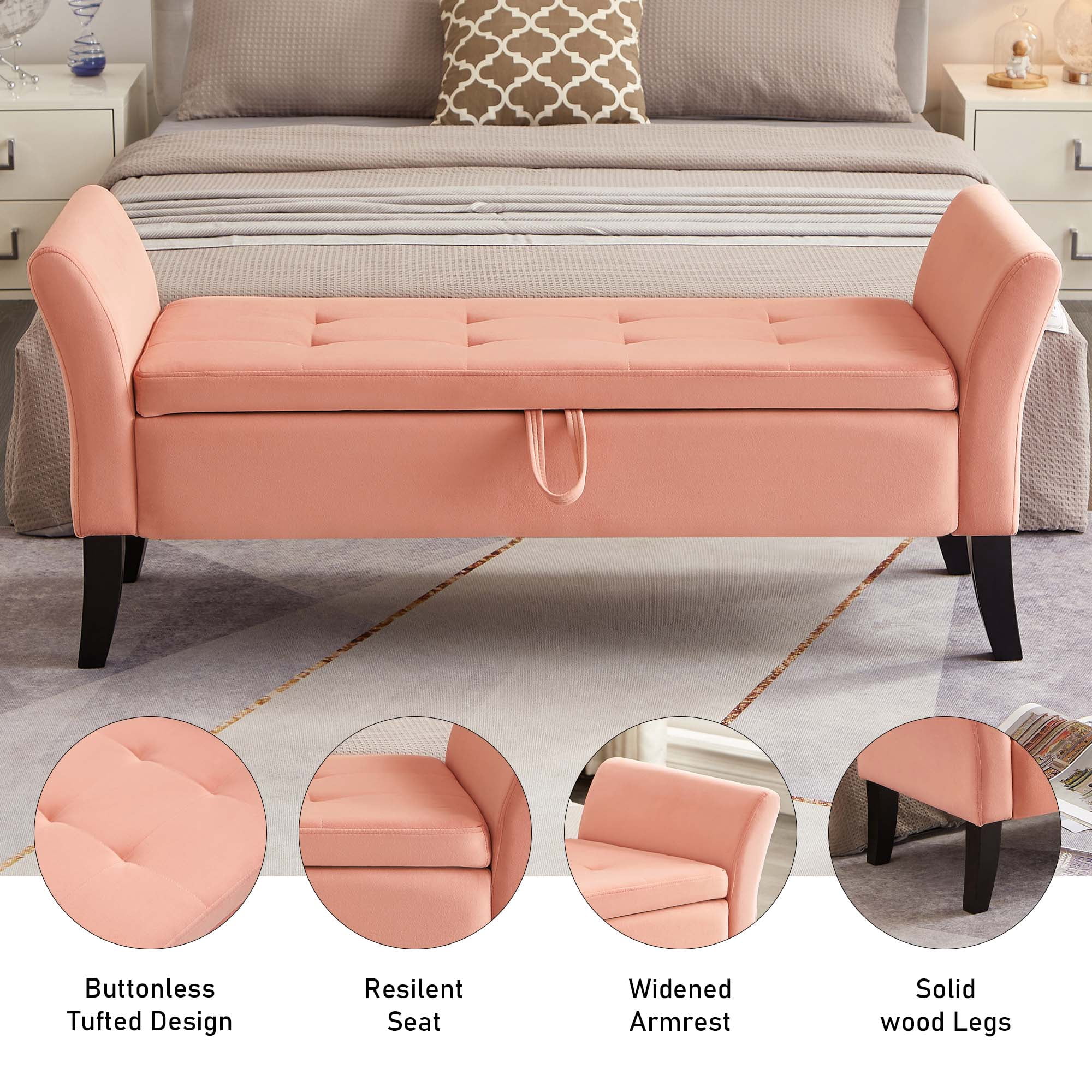 Aukfa End of Bed Bench with Curved Arms, 51.5" Velvet Tufted Upholstered Storage Ottoman Entryway Bench - Pink