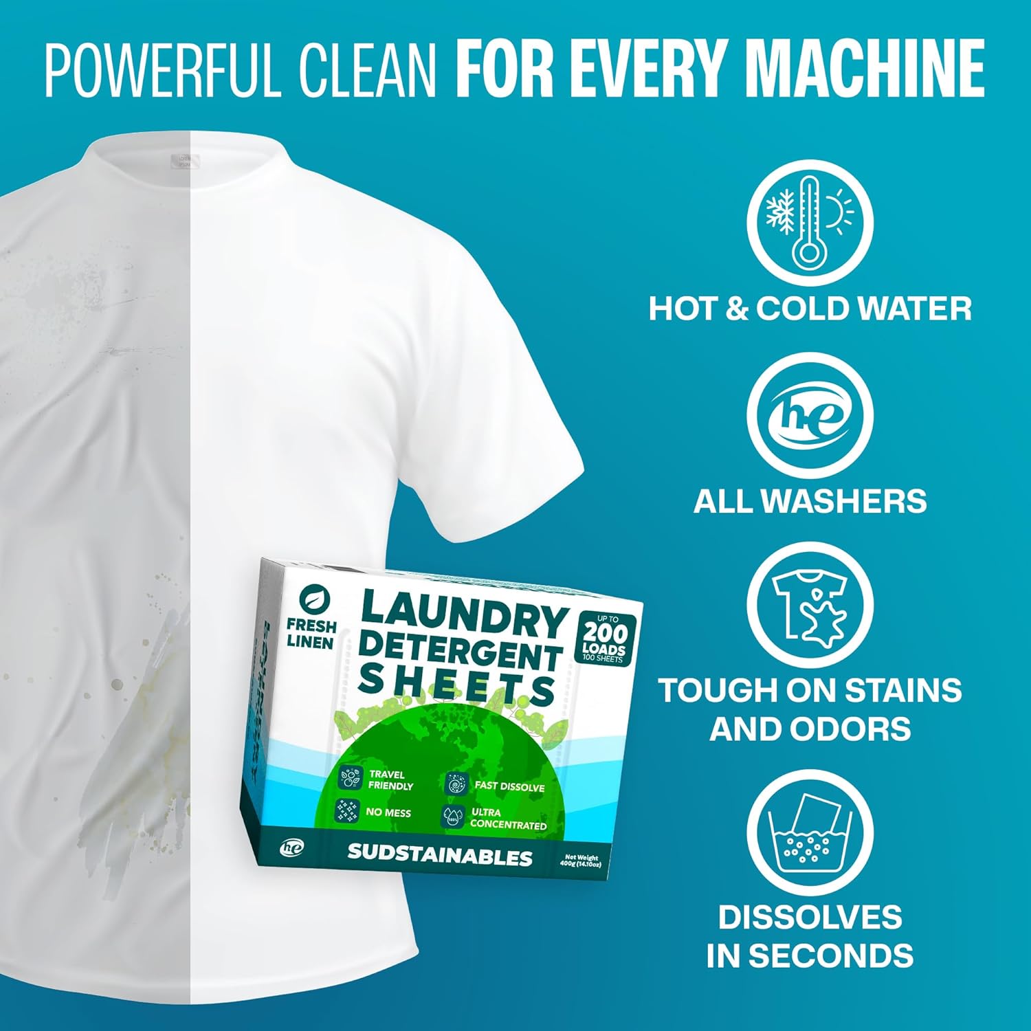 Laundry Detergent Sheets 200 Loads – Dissolvable Laundry Sheet for Washing Machines, Compact Alternative to Liquid & Powder Detergent, Travel-Friendly Soap | Fresh Linen