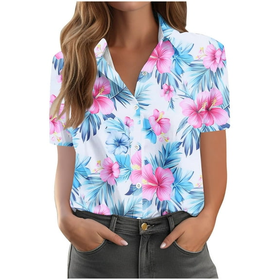 Staron Summer Hawaiian Print Shirts for Women Casual Short Sleeve Button Down Collar Blouse with Pockets Vacation Beach Party Top, Light Blue 5XL