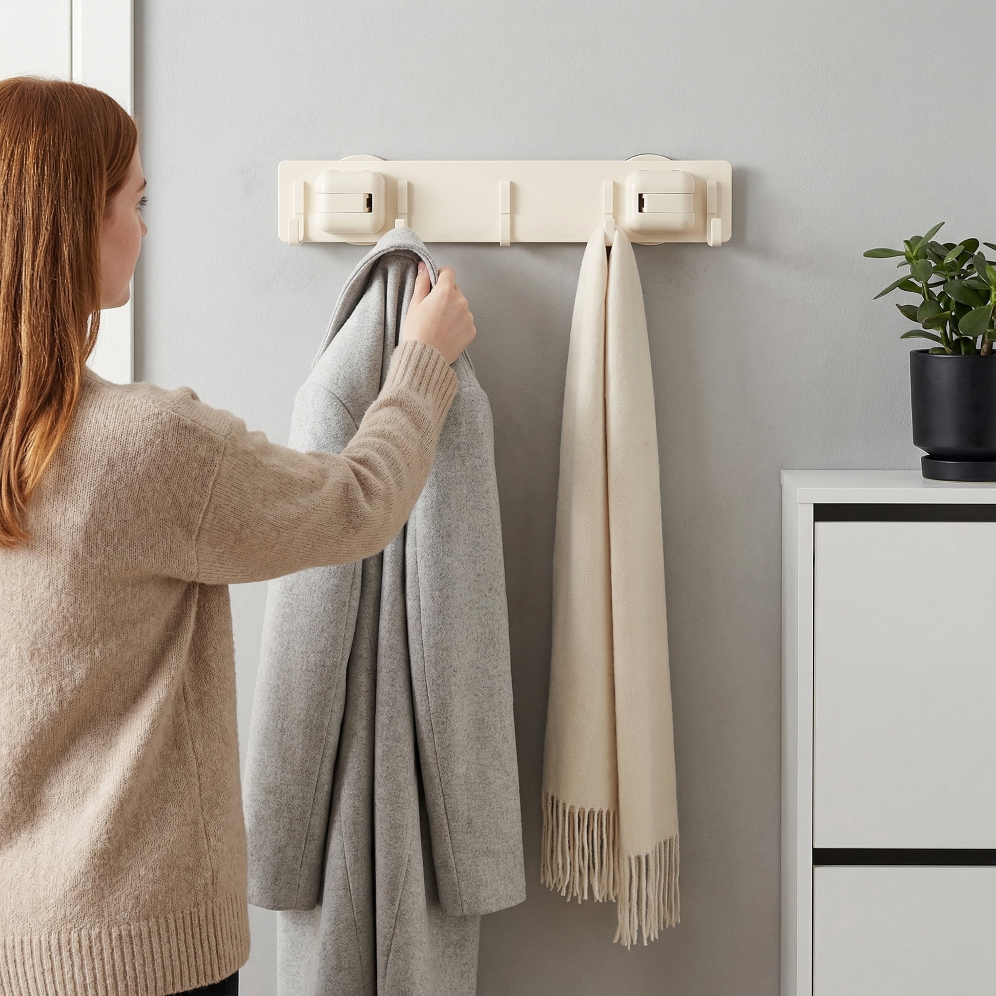 Unique Bargains Coat Rack Wall Mount Metal Suction Square 5 Hooks Rack White 13.2"x2.4"