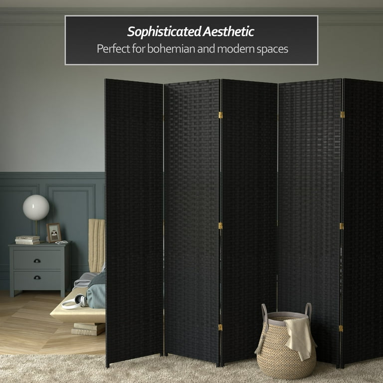 Red Lantern 7 ft. Tall Woven Fiber Folding Screen - Black - 8