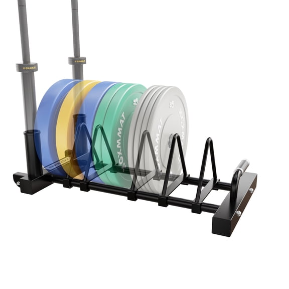 GXMMAT Horizontal Olympic Weight Plate Rack | 330lbs Capacity Powder-Coated Steel Frame | 4 Plate Storage Slots   2 Barbell Holders | Adjustable Slot Spacing | Includes Wheels & Non-Slip Handles