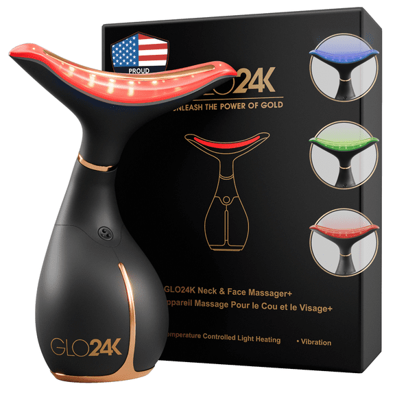 GLO24K 3-in-1 LED Light Therapy Face & Neck Massager, Anti-Aging Skin Tightening Device with Red Light, Vibration & Thermal Technology for Wrinkles, Firming & Radiant Skin