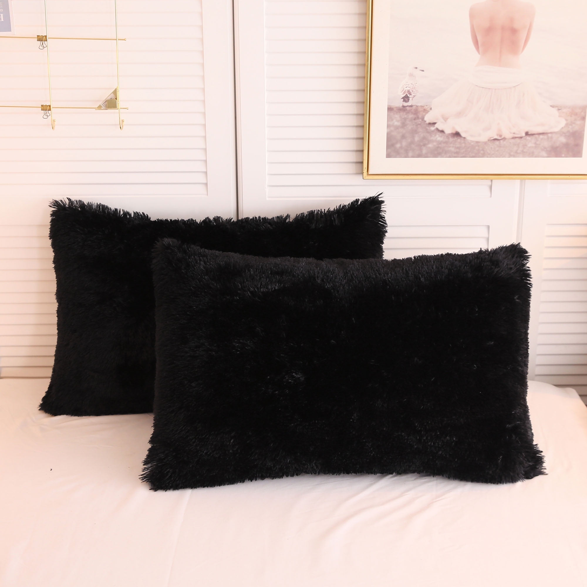 XeGe 3 Pieces Furry Plush Duvet Cover Set, Black Faux Fur Comforter Cover Set, Luxury Soft Velvet Fuzzy Fluffy Bedding Set, Shaggy Duvet Cover with 2 Pillow Covers, Zipper Closure, Queen Size, Black