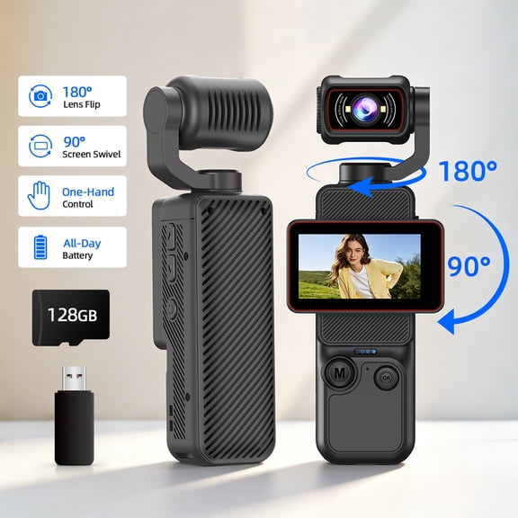 Portable handheld action camera with an auto-rotating lens and a rotatable screen, comes with a 128GB memory card and Wi-Fi transfer feature