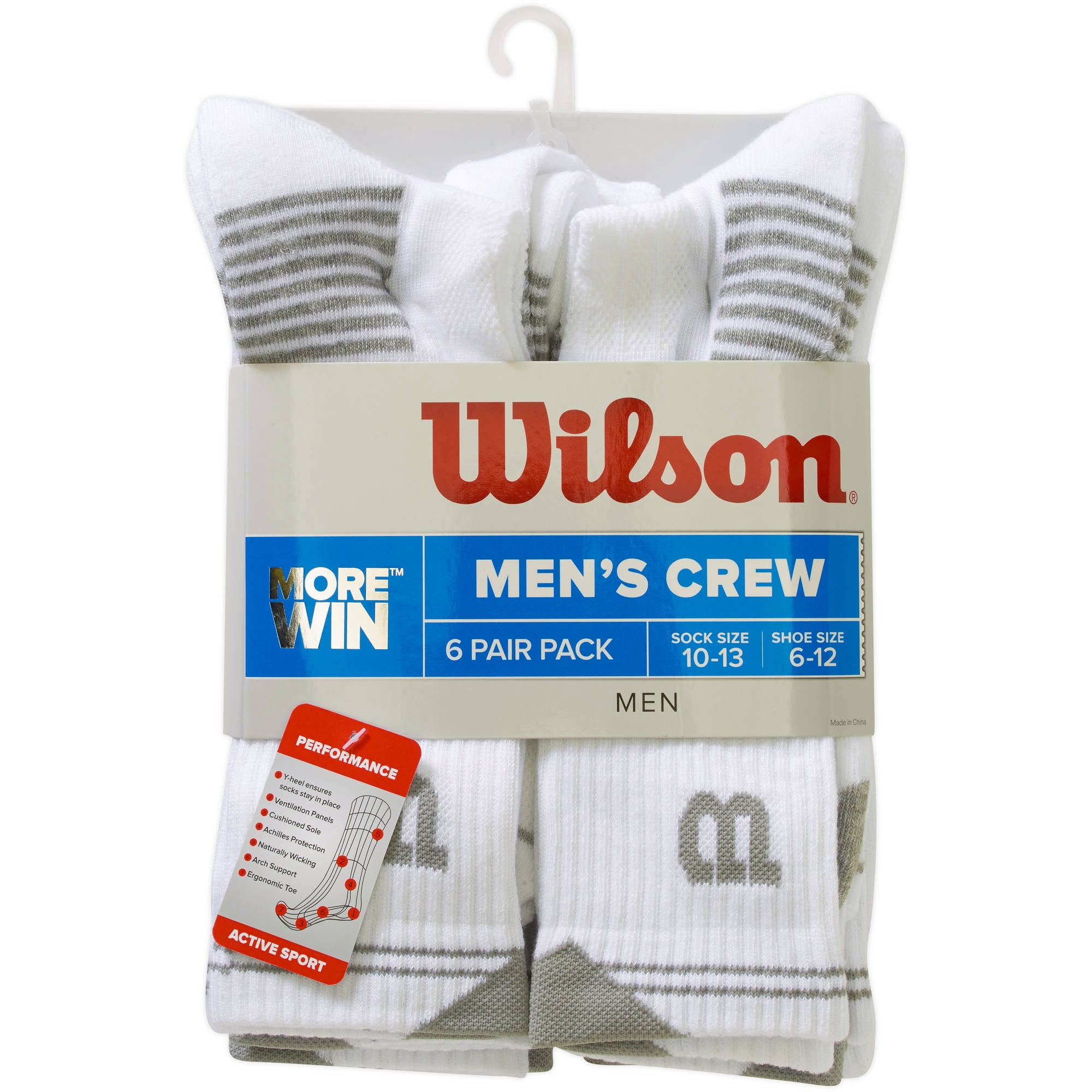 Wilson Mens Half Cushion Crew Length Socks, 6 Pack