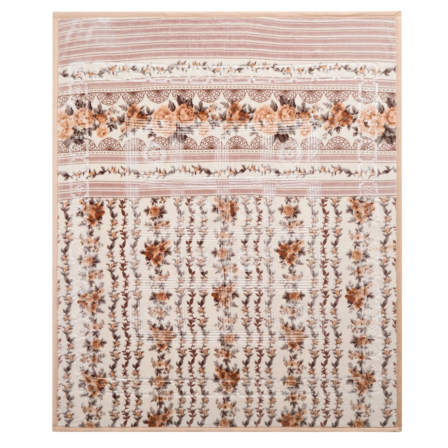 Lammaloe King Size Korean Mink Fleece Blanket, 12 lbs, 87" x 94", Heavy 2-Ply Warm Heavyweight Raschel Bed Blankets, Reversible Printed, Beige Floral