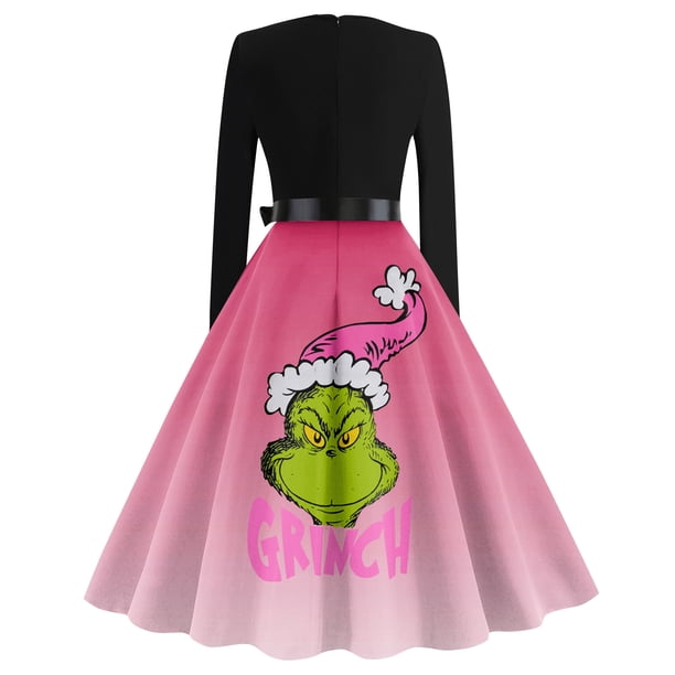 grinch christmas dress womens Ugly Christmas'fits Women's Vintage Hepburn Printed Long Sleeve Knee-Length Dress Cocktail Party Evening Dress Vintage Gown Grinch Christmas Costume for Women birthday outfit black Zara Dress Women Medium color:LT YELLOW Watch the Grinch learn Hooded dress