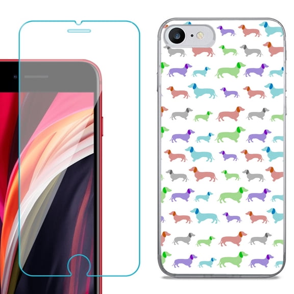 Slim-Fit Fashion Gel Phone Case for iPhone SE 2022, with Tempered Glass Screen Protector, by OneToughShield ® - Colorful Dachshund/Puppy