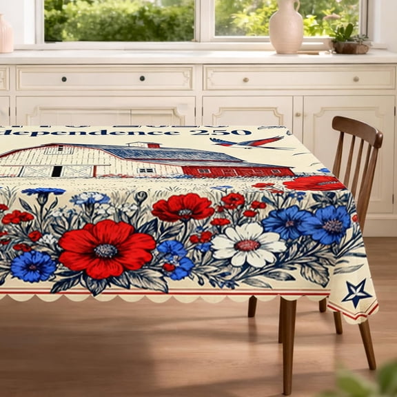 Country 4th of July Independence Day Rectangle Tablecloth 60x80 Inch, Vintage 250th USA Anniversary Pattern Washable Table Cover, Barn Party Decorations for Kitchen Banquet Picnic Camping