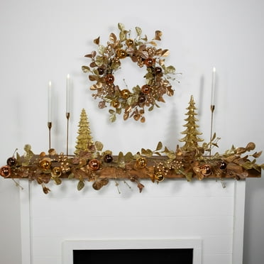 Northlight Glitter Leaf Artificial Christmas Twig Wreath with Ball Ornaments - 24" - Copper - Unlit