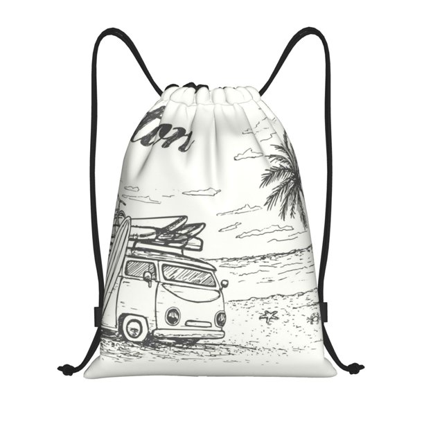 Fotbe Summer Vacation Scene With Camping Van Bolsa Mochila con Cordón Estampada, Bolsa de Gimnasio Deportiva, Bolsa Cinch, Bolsa con Cordón para Hombres y Mujeres-Medium