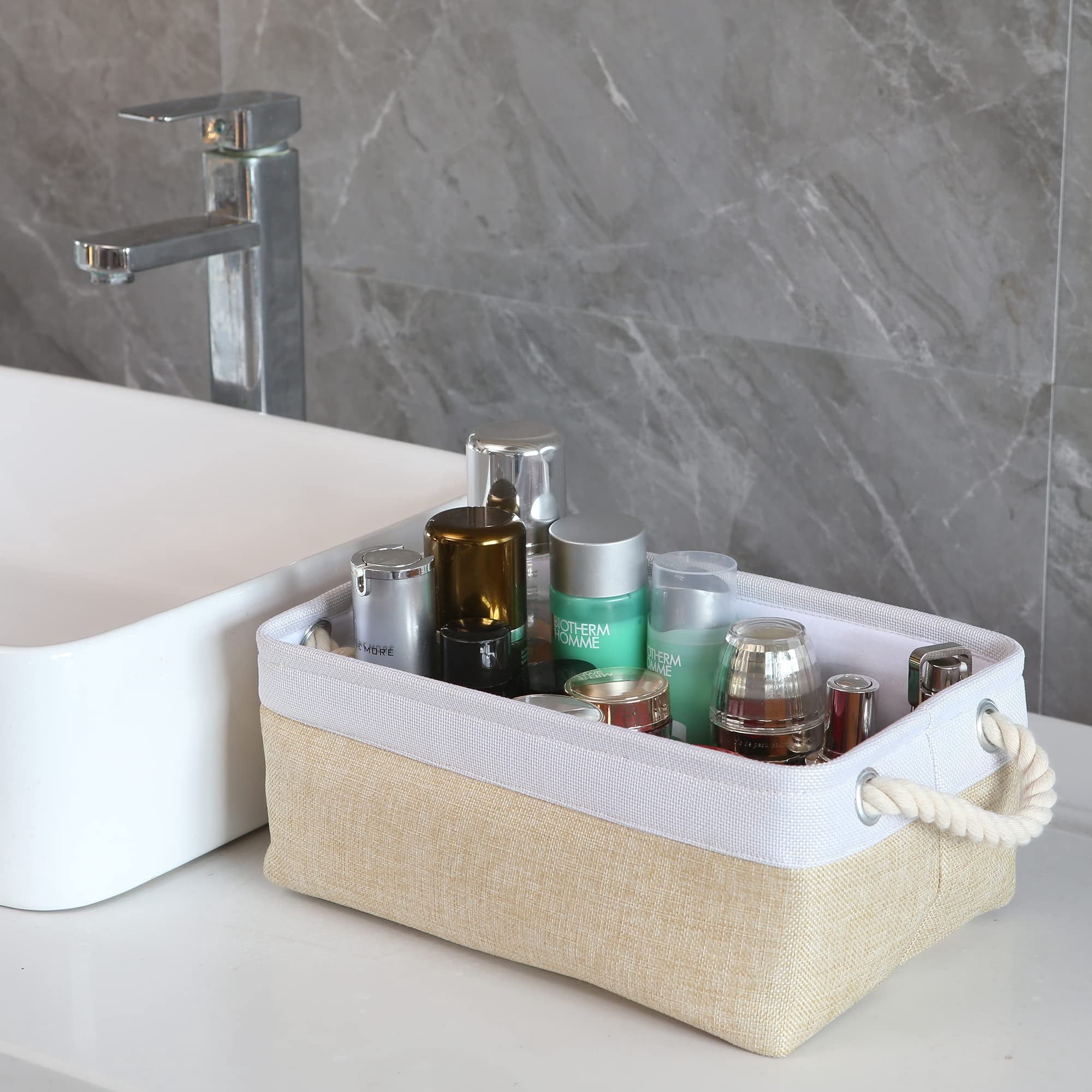 Sea Team 3-Pack Small Storage Basket Set, Storage Cube Organizer, Storage Bins, 12 x 8 x 5 Inches, Rectangle Canvas Fabric Collapsible Shelf Box with Handles, Beige & White