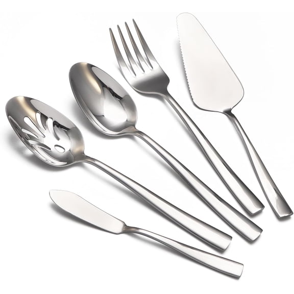 Large Hostess Serving Utensils Set, Stainless Steel Heavy Duty Serving spoons, Slotted Spoons, Serving Fork, Cake Server, Butter Knife, Dishwasher Safe (Silver)